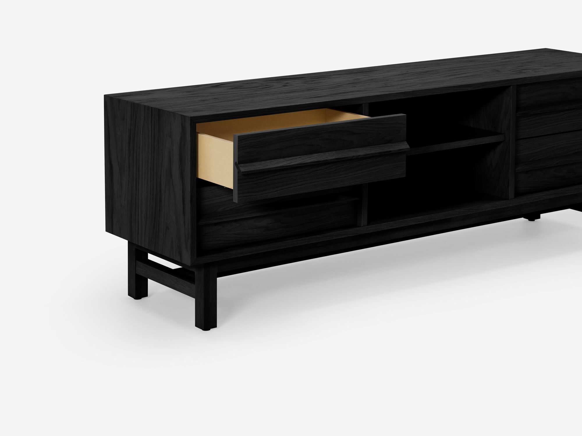 Small black oak media unit top drawer detail view